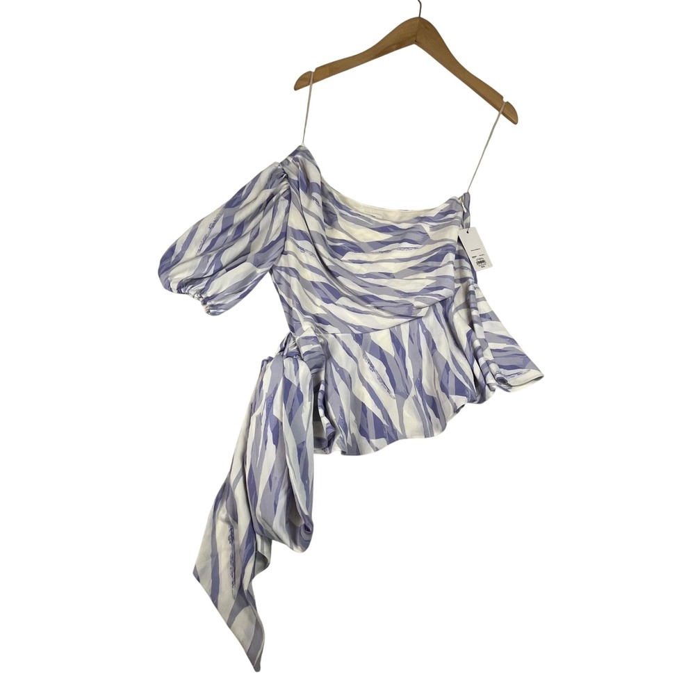 Nine West One Shoulder Puff Sleeve Top Blue White Abstract WW23W210RP Small